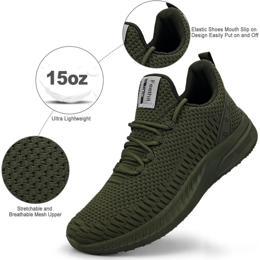Men's Olive Green Non Slip Lightweight Workout Breathable Mesh Fashion Sneakers - Picture 2 of 6